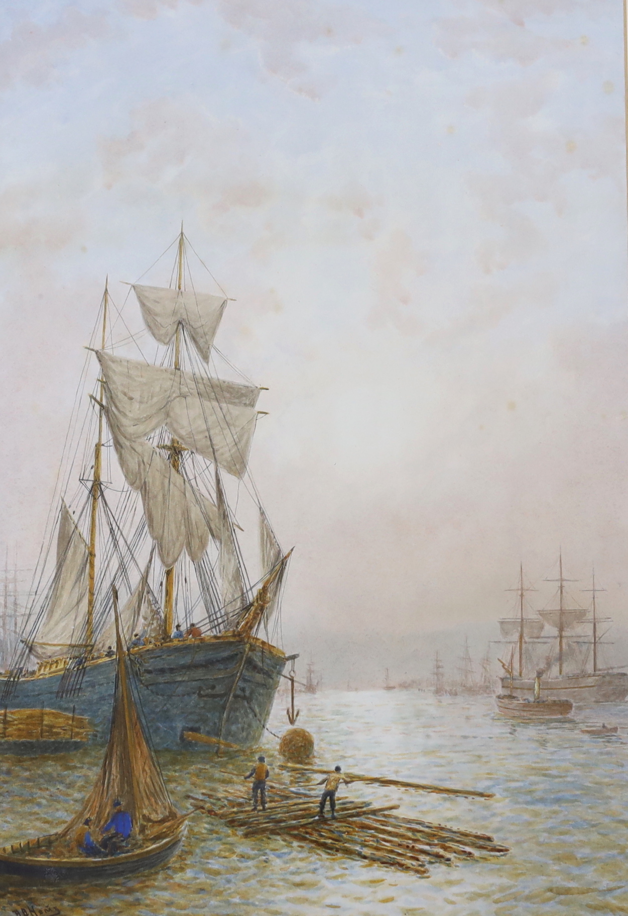 Bernard Benedict Hemy (British, 1844-1910), pair of watercolours, Frigates and fishing boats at anchor, each signed 52 x 36cm